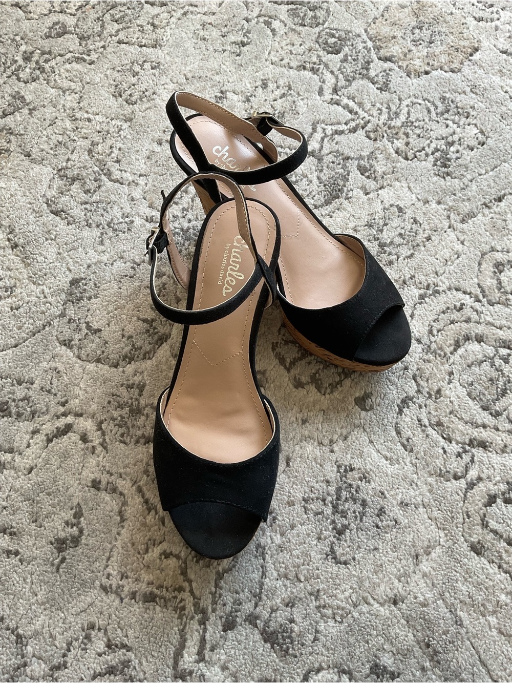 Charles by Charles David Black Suede Peep-Toe Ankle-Strap Wedges